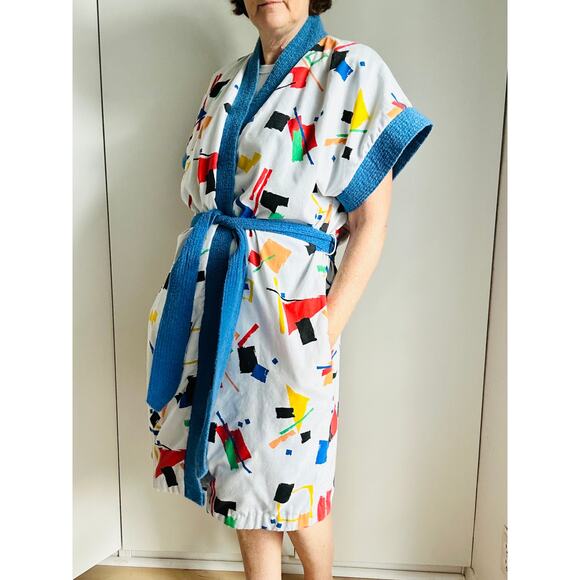 Vintage 80s Unisex Robe Terry Cloth Geo Print Size Medium Womens Quirky Fun - Picture 7 of 9